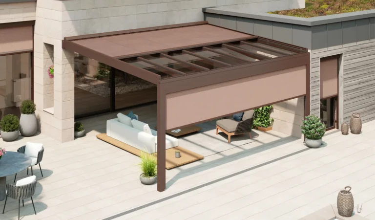 STOBAG GP4100 pergola med ARNEX PS8000 solskydd för terrass, uteplats och glastak.